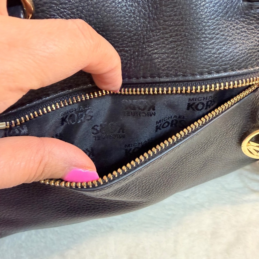 Michael Kors Vintage Bedford Black Pebbled Leather Satchel Crossbody Bag Gold - Picture 5 of 7